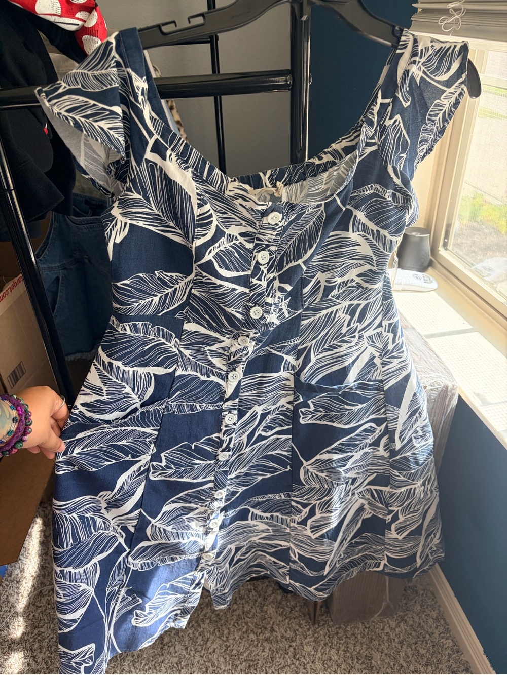 Millibon Navy and White Leaf-Print Button-Front dress